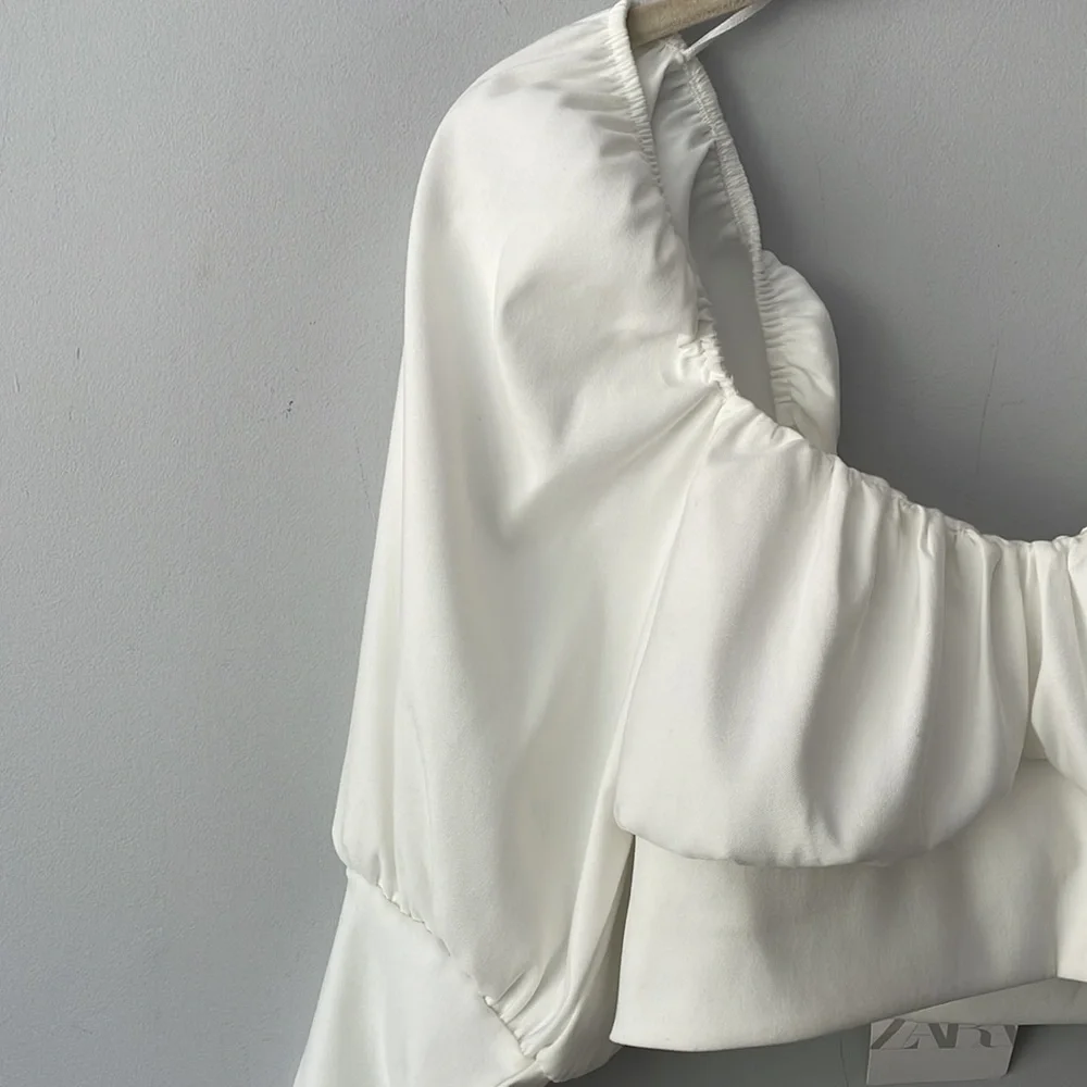 Zara White Puff Sleeve Crop Top Blouse
